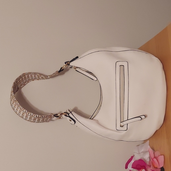 Sondra Roberts Squared White Faux Leather Hobo Handbag w/ Metallic Braided Strap - Picture 2 of 16